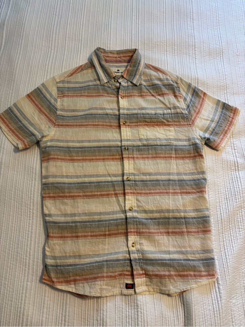 The Normal Brand Short-Sleeve Striped Button-Down Shirt - Beige, Blue, Orange